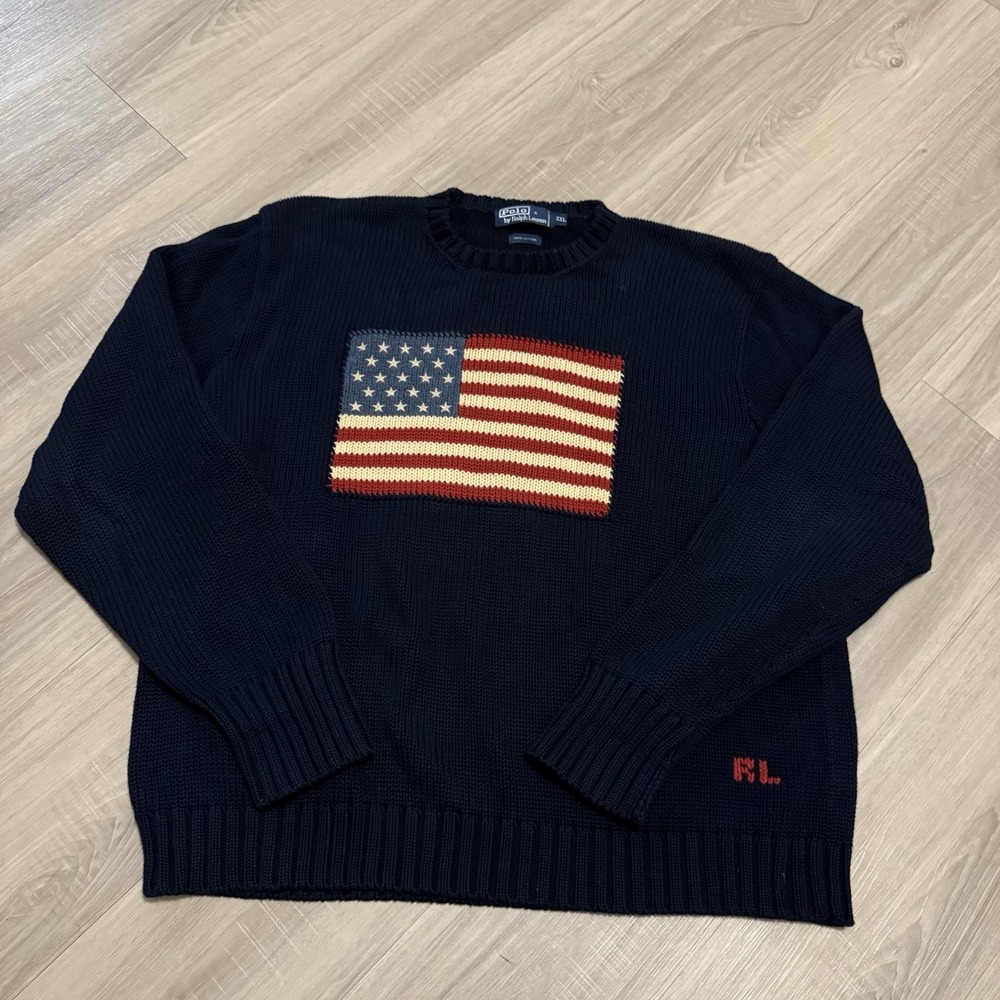 Polo by Ralph Lauren Blue Crewneck Sweater with American Flag